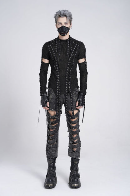 Black Long Sleeves Strap Lace-up Irregular Mesh Gothic T-shirt