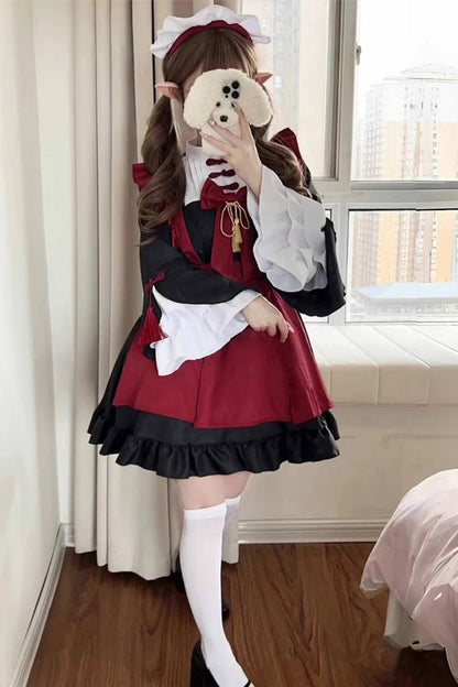 Black/red Maid Long Trumpet Sleeves Ruffle Bowknot Classic Chinese Style Lolita Dress Full Set