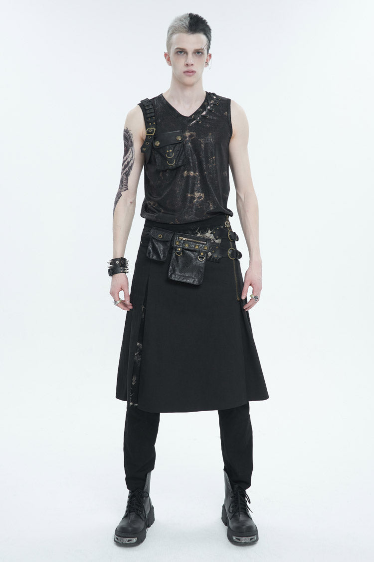 Black Personalized Print Big Pocket Buckle Punk Tank Top