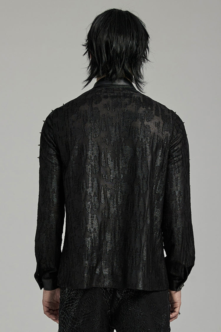 Black Lapel Collar Long Sleeves Faux Leather Stitching Punk Blouse