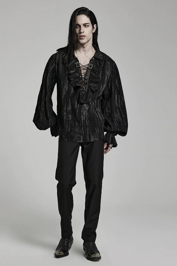 Jacquard V Collar Lantern Sleeves Print Ruffle Gothic Blouse 2 Colors
