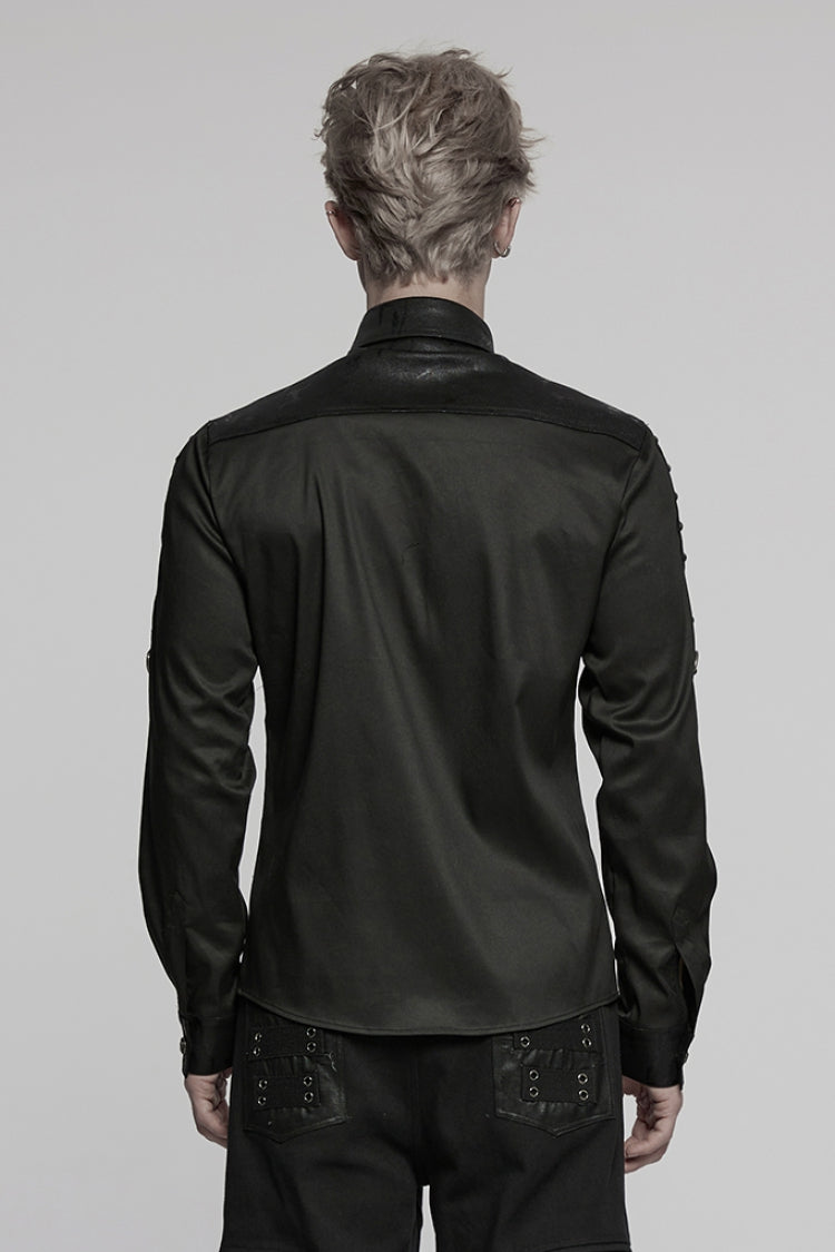 Black Lapel Collar Long Sleeves Stitching Pin Mesh Punk Blouse