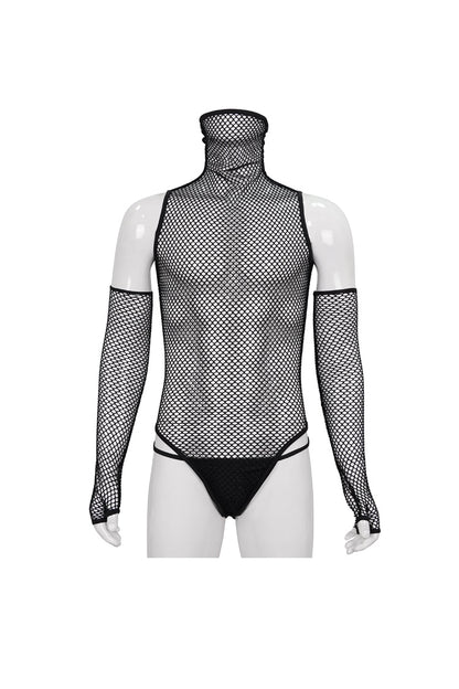 Black Transparent Mesh Super High Collar Masked Glove Thong Punk Onesie