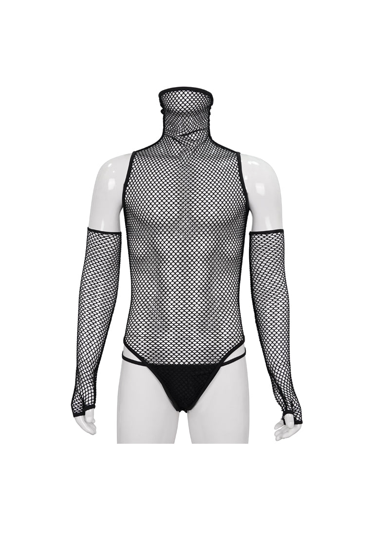 Black Transparent Mesh Super High Collar Masked Glove Thong Punk Onesie