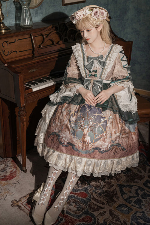 Multi-color Retro Hime Sleeves Sacred Deer Print Classic Lolita Op Dress