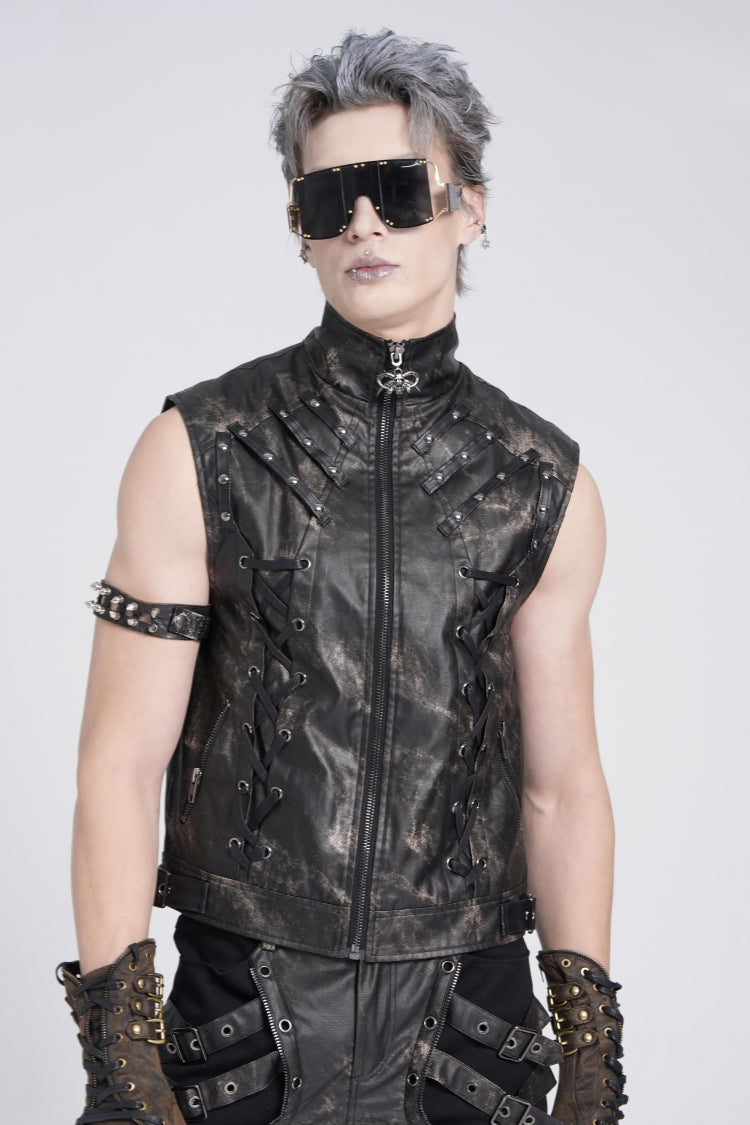 Black Stand Collar Sleeveless Strappy Stitching Zipper Gothic Vest