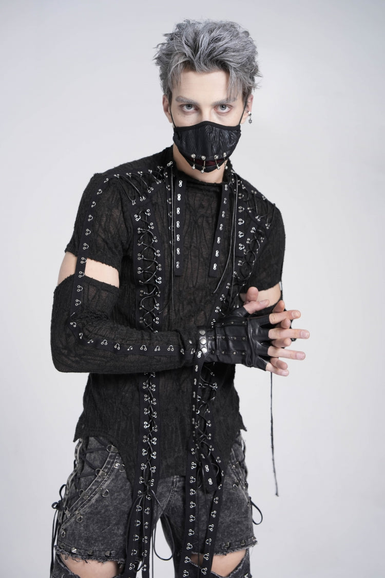 Black Long Sleeves Strap Lace-up Irregular Mesh Gothic T-shirt