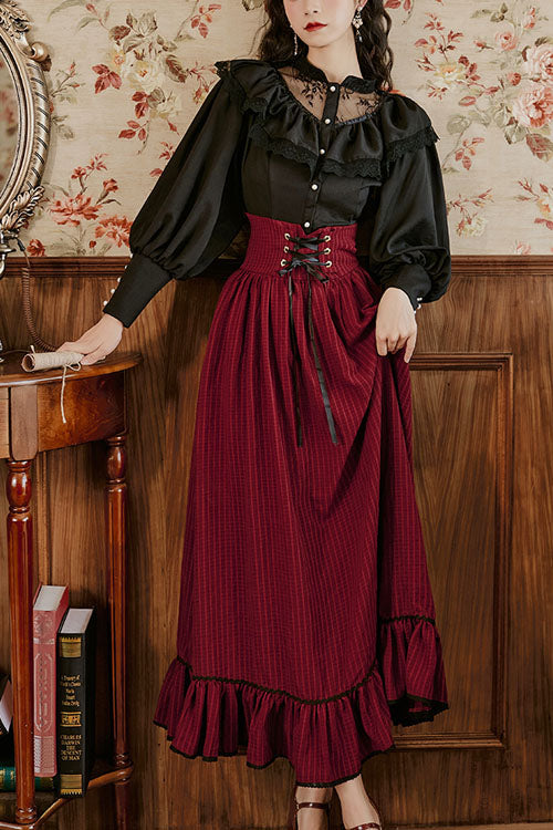 Wine Palace Style Ruffled Stripe Print High Waisted Classic Lolita Dress Skirt