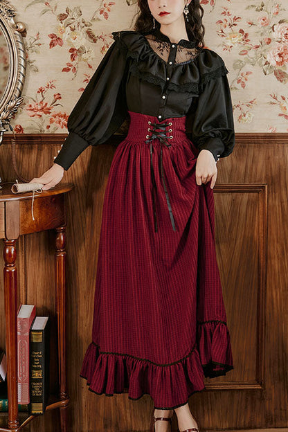 Wine Palace Style Ruffled Stripe Print High Waisted Classic Lolita Dress Skirt