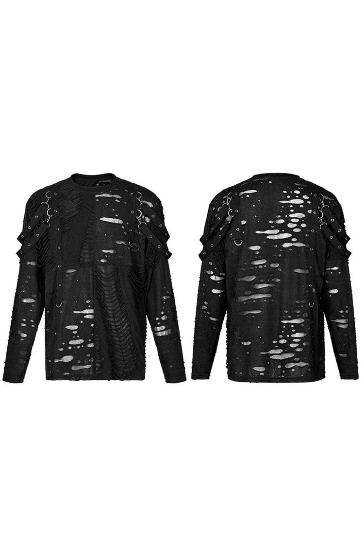 Black Gothic Broken Holes Knitted Fabric Stitching Metal Buckle Detachable Decorative Tape Long Sleeve T-shirt
