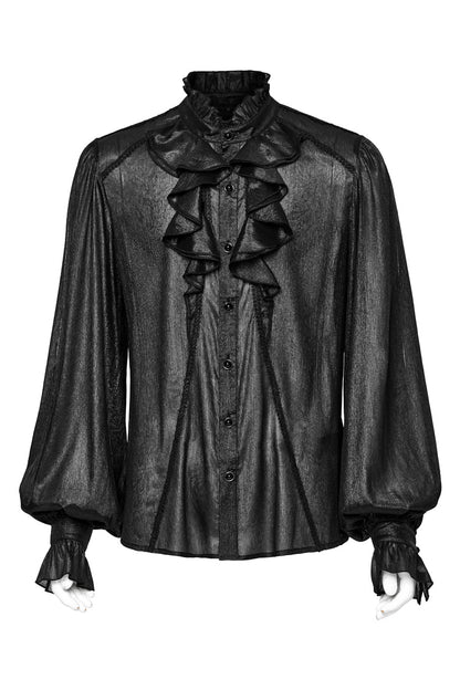 Black Stand Collar Jacquard Ruffle Gothic Blouse