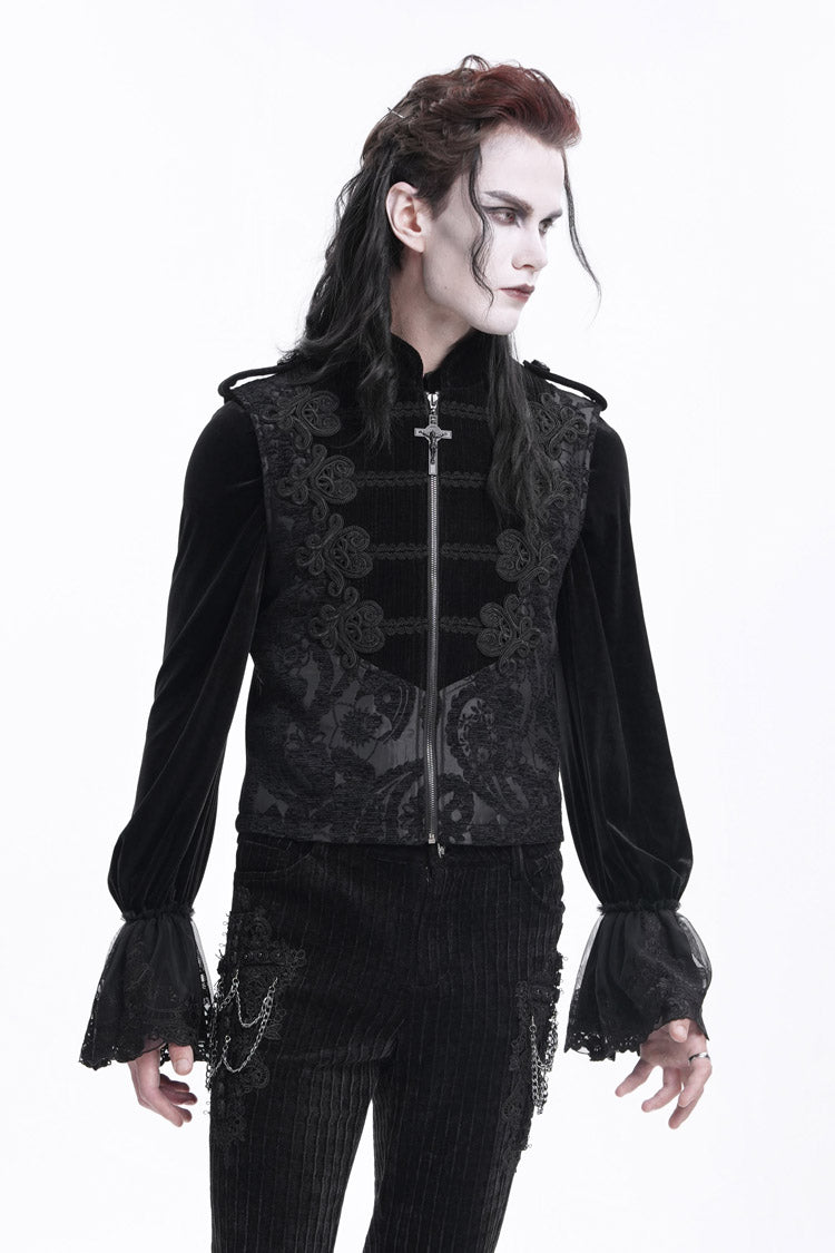 Black Stand Collar Sleeveless Crochet Zipper Gothic Vest