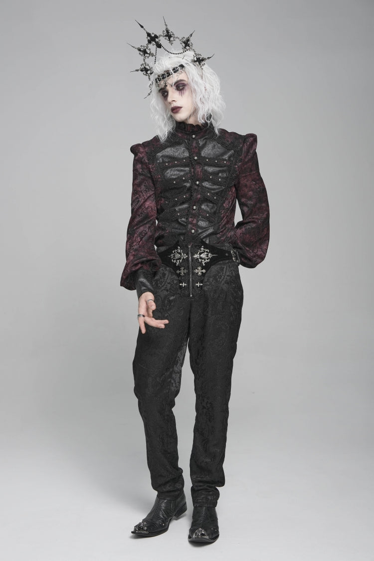 Black/red Stand Collar Long Lantern Sleeves Print Embroidery Gothic Blouse