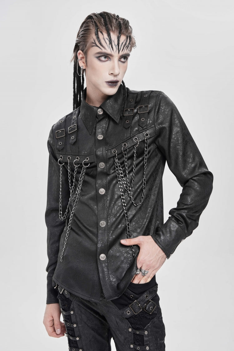 Black Lapel Collar Long Sleeves Buckled Strappy Chain-decorated Punk Shirt