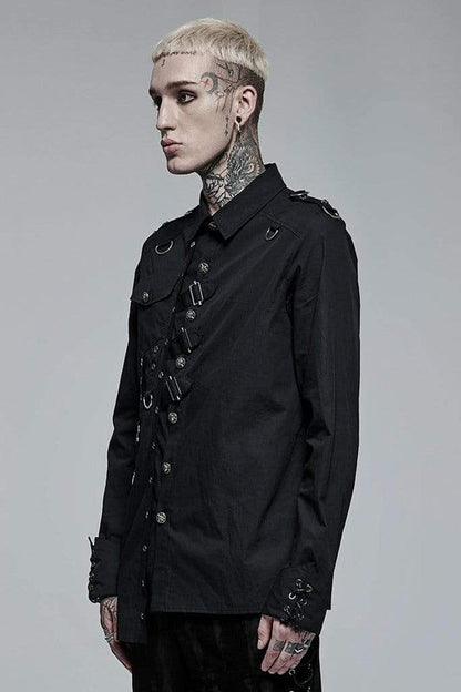 Black Punk Asymmetric Hem Personality Metal Buckle Decorative Soft Long Sleeve Shirt