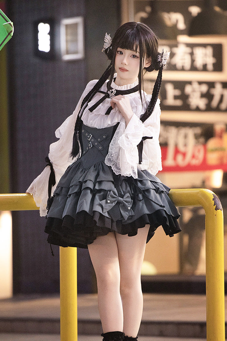 Black/grey [machinist] Sleeveless Multi-layered Ruffle Bowknot Classic College Style Lolita Dress