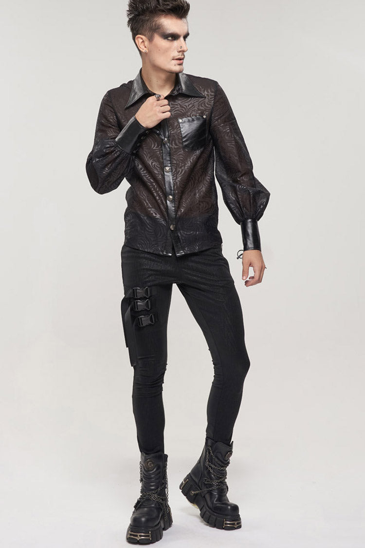 Black Punk Vertical Pattern Printing Cuff Drawstring Decoration See-through Shirt