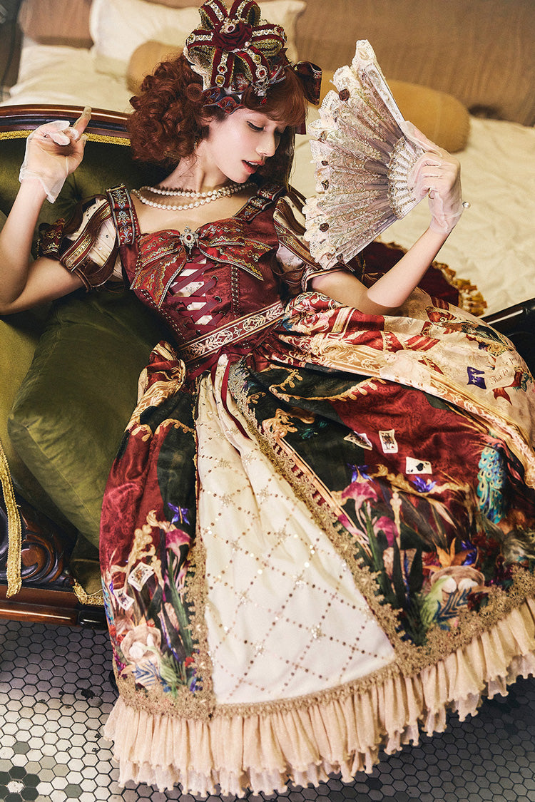 Red [kaleidoscope of Dreams] Double-layered Print Embroidery Bowknot Lace-up Classic Lolita Dress