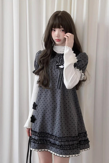 Grey [little Star Wish] Doll Collar Short Sleeves Polka Dot Printed Bow Classic Japanese Lolita Dress