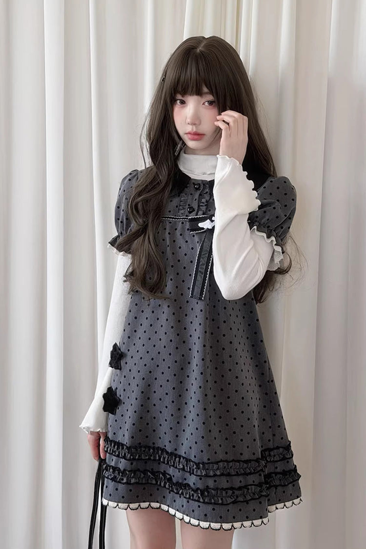 Grey [little Star Wish] Doll Collar Short Sleeves Polka Dot Printed Bow Classic Japanese Lolita Dress