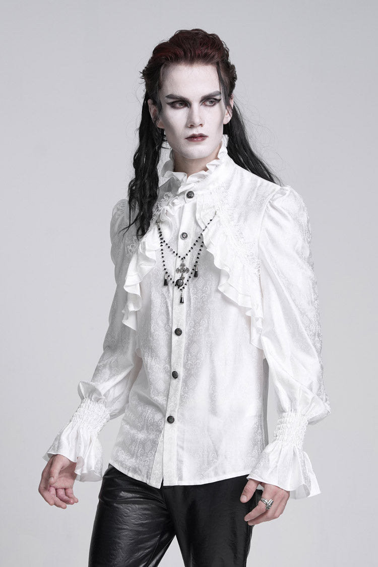 White Stand Collar Long Sleeves Ruffle Lace Cross Gothic Blouse