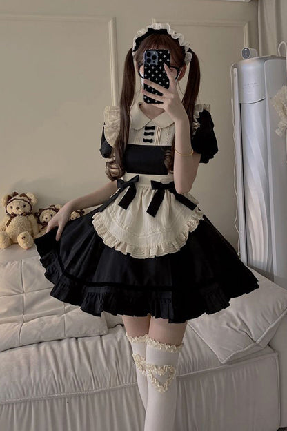 Black Maid Lapel Collar Short Sleeves Ruffle Sweet Classic Lolita Dress (short or Long Version)