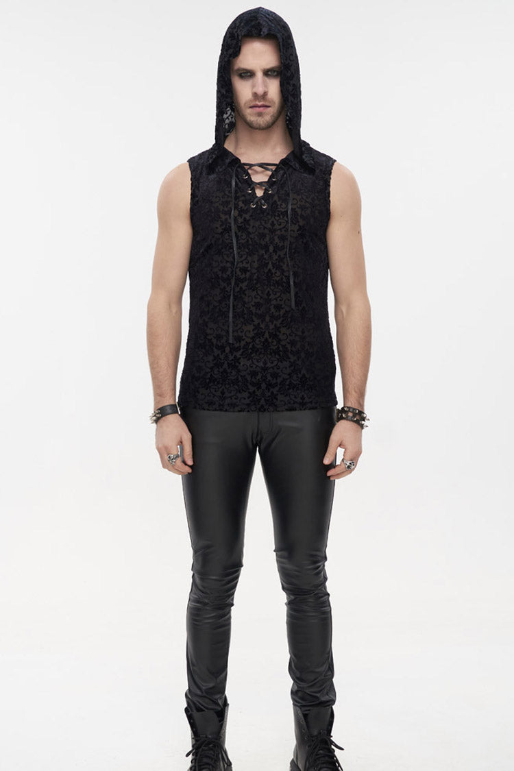 Black Punk Velvet Jacquard Chest Tie Sleeveless Hooded Shirt