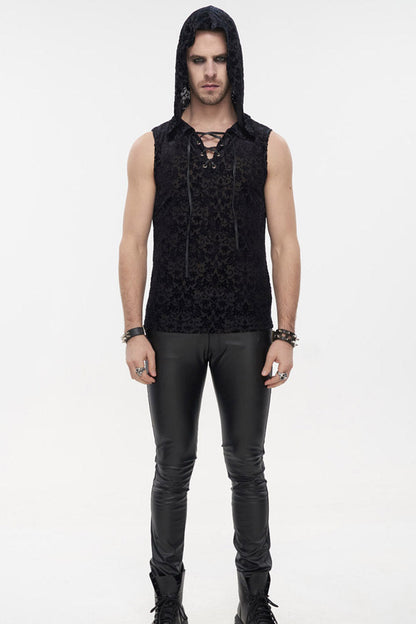 Black Punk Velvet Jacquard Chest Tie Sleeveless Hooded Shirt