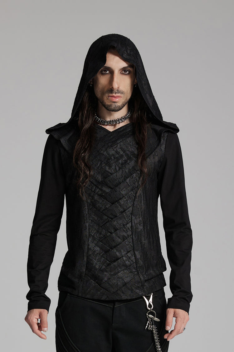 Black V Collar Long Sleeves Hooded Overlaping Mesh Punk T-shirt