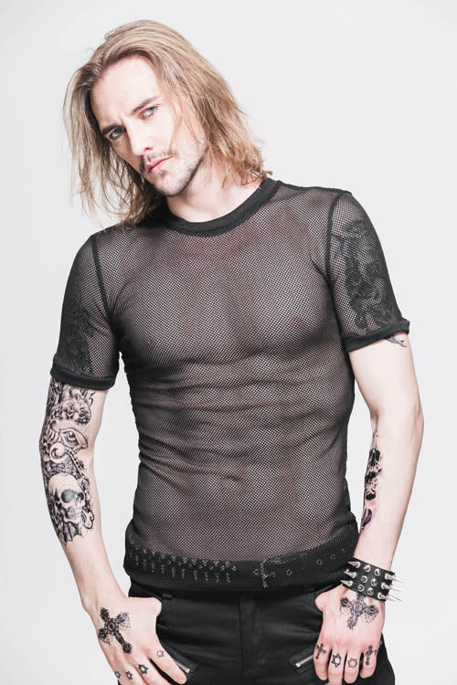 Black Diamond Shaped Mesh Round Neck Short Sleeves Punk Tops T-shirt