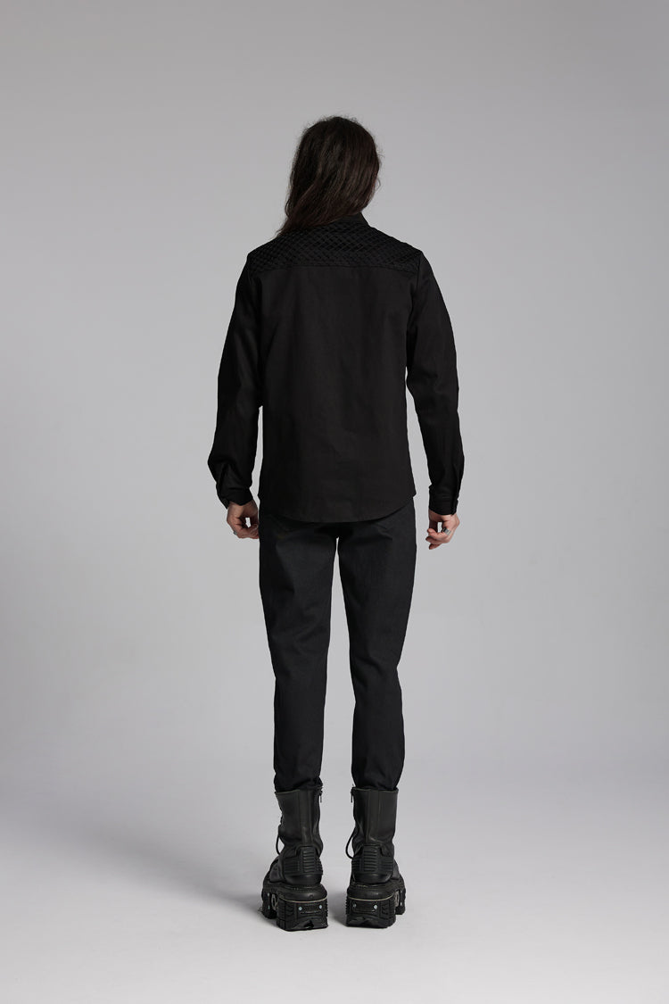 Black Lapel Collar Long Sleeves Zip Mesh Pocket Punk Blouse