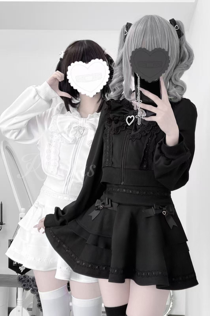 Ribbon Girly Cat Ear Hooded Zip Hoodie + Flare Skirt