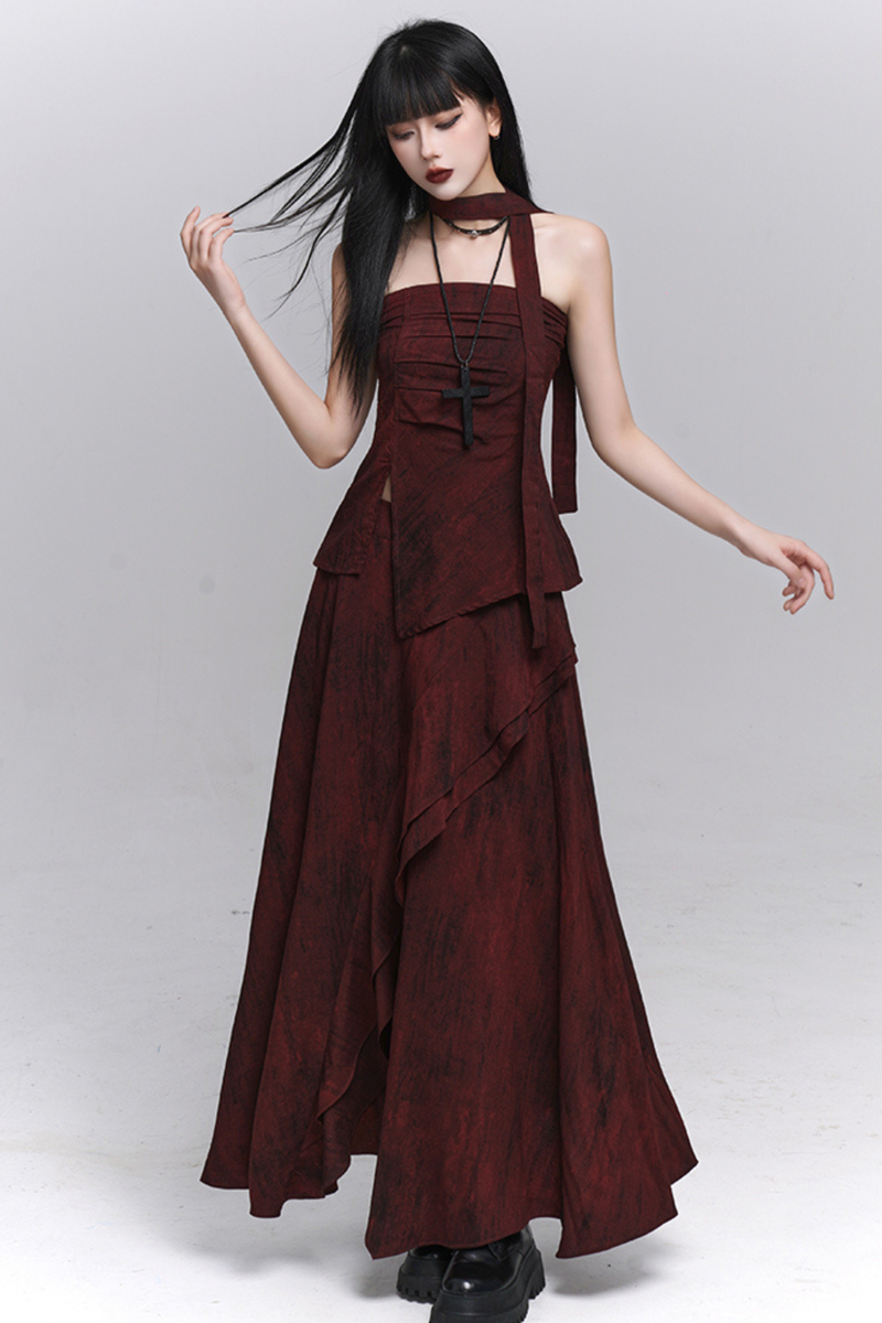 Dark Red Bandeau + Long Skirt