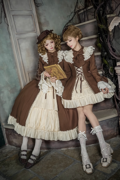 Lace Stand Collar Flared Sleeve Twin Doll Lolita Dress + Collar + Hat