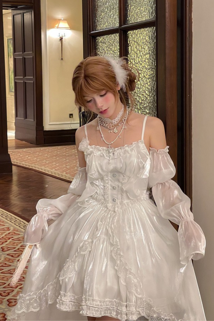 Heavy Shatin Drape Camisole Dress + Lace Asymmetric Shawl