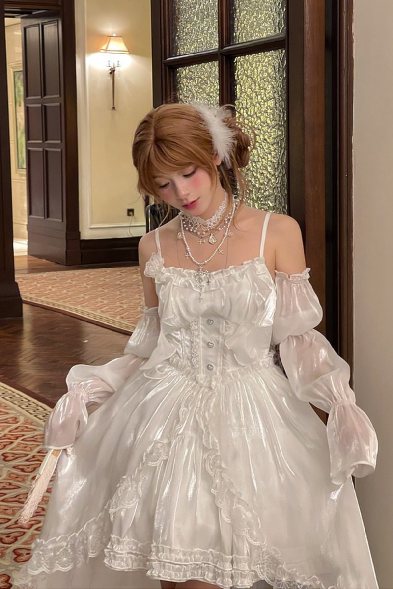 Heavy Shatin Drape Camisole Dress + Lace Asymmetric Shawl