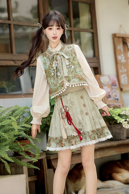 Forest Chinese-style Vest + Blouse + Skirt