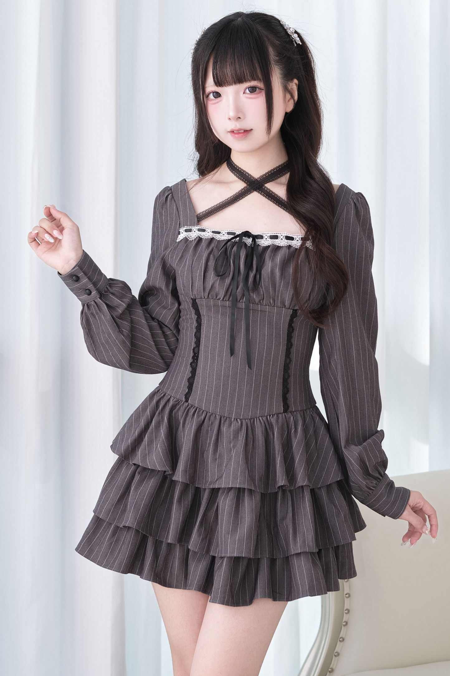 Striped Plaid Cross Neck Ruffle Dress