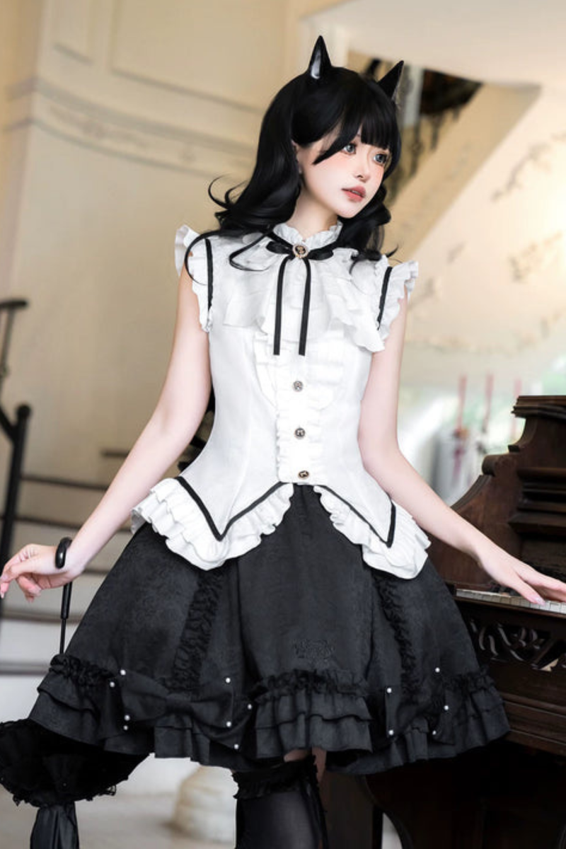 Flying Sleeve Sweet Dark Top + Flare Skirt