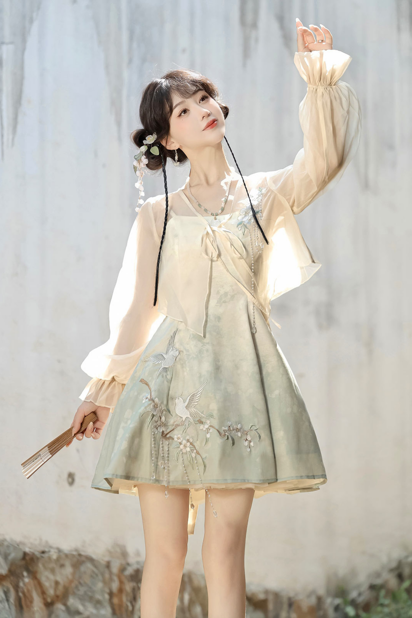 Chinese-style Gradient Retro Dress + Sheer Cardigan