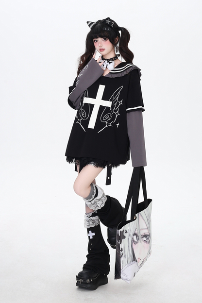 Cross Design Ruffled Sailor Top