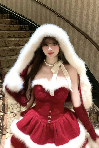 Red Velvet Cake Fur Coat + Suspender Skirt + Sleeves