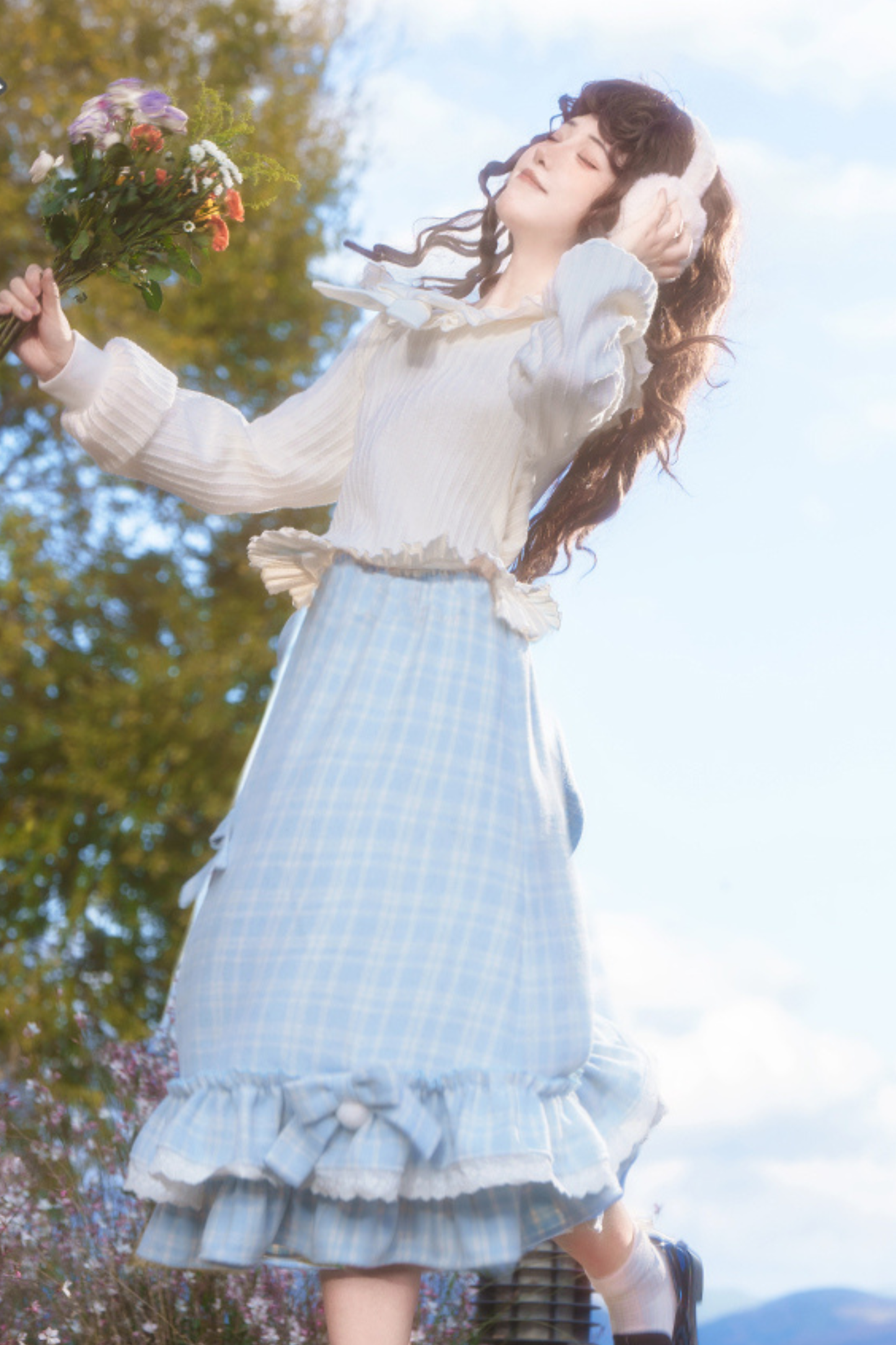 Lace Doll Collar Ribbon Top + Skirt