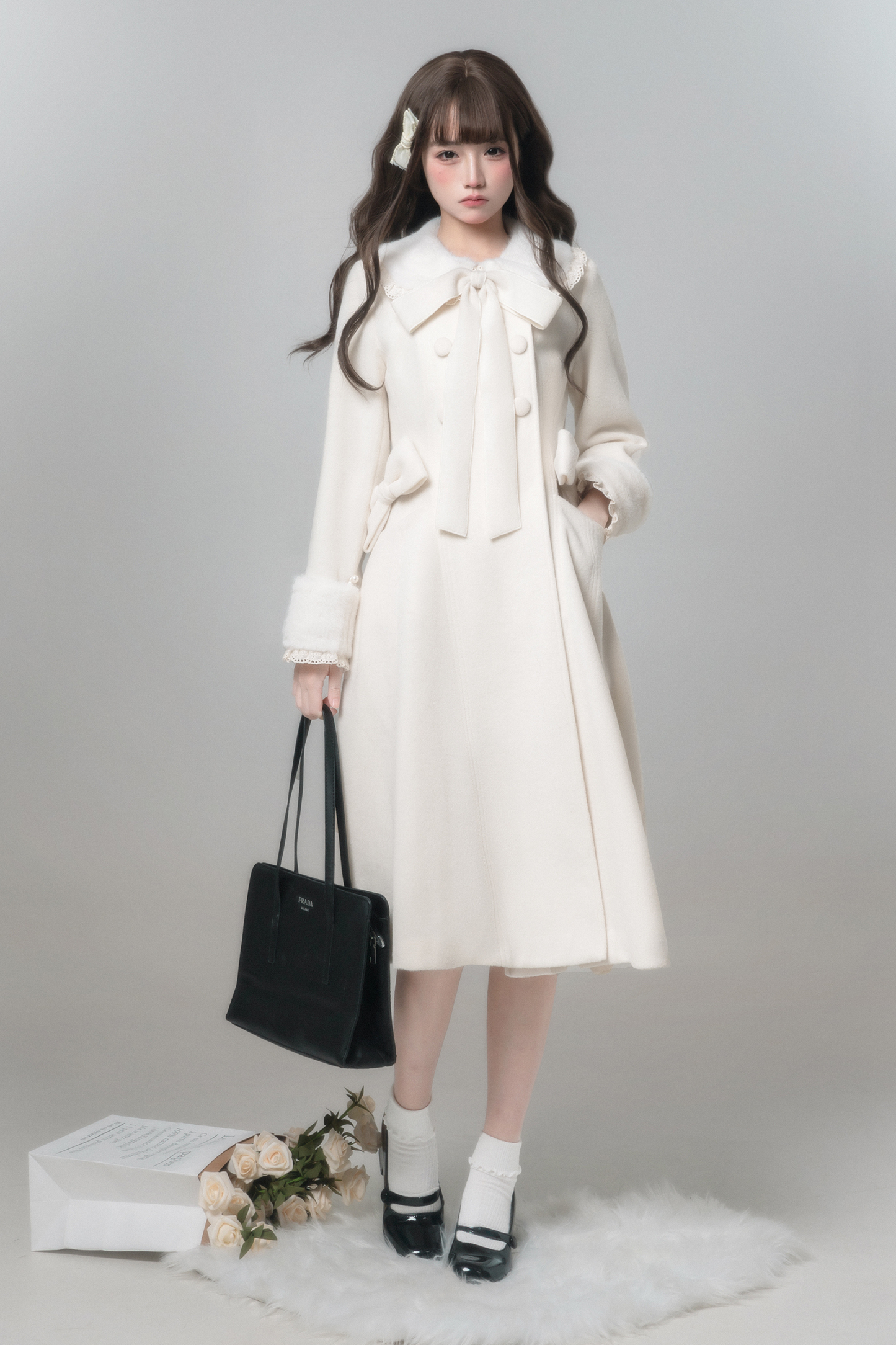 White Snow Long Coat + Shirt + Skirt