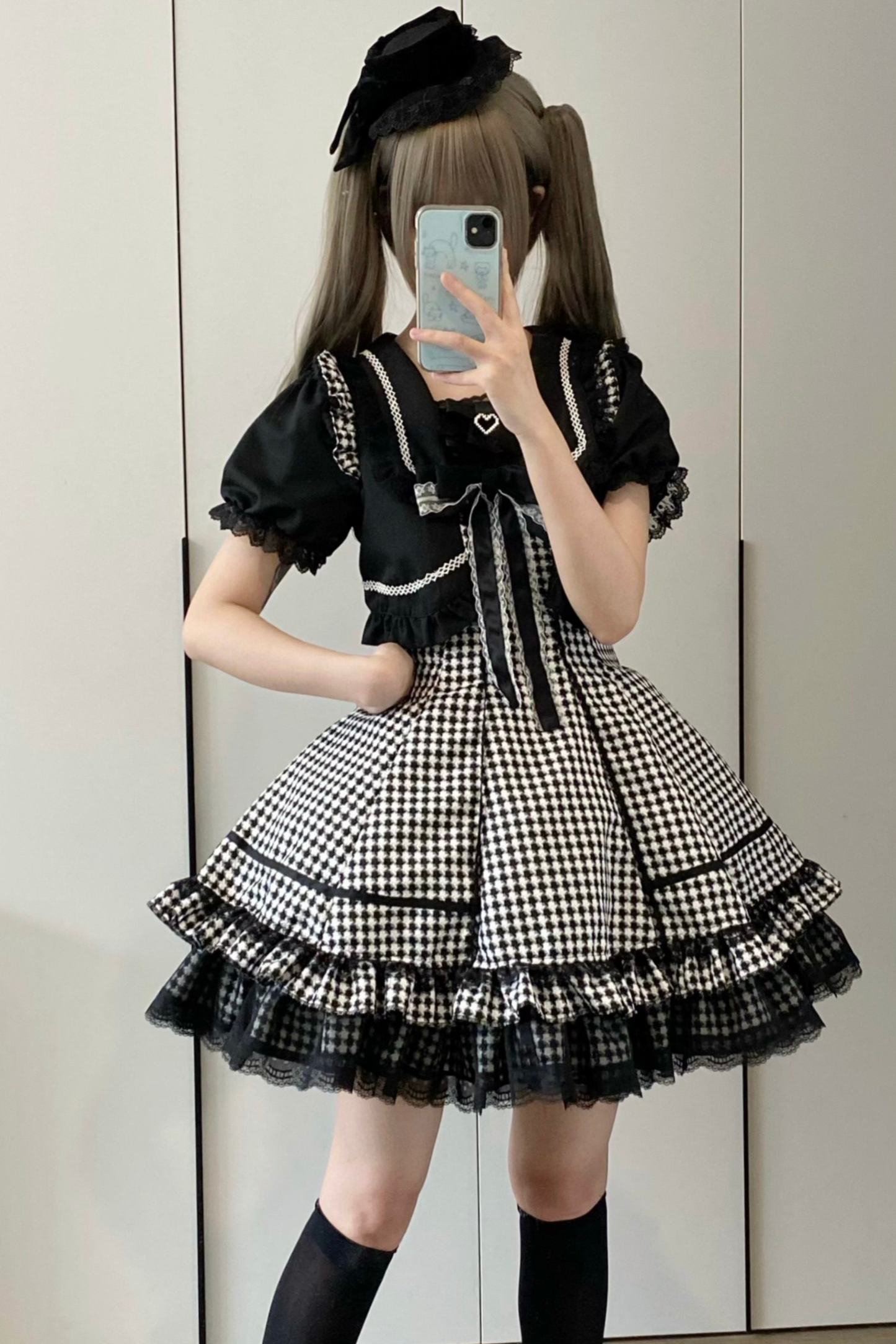 Houndstooth Dark Sweet Lolita Dress With Sleeves