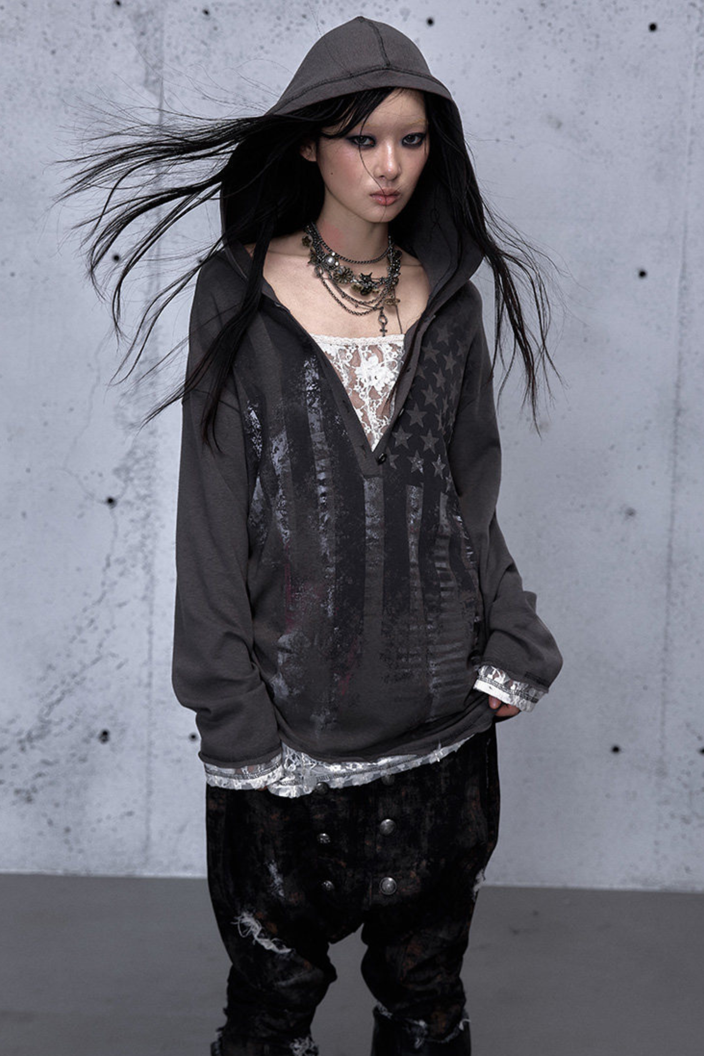 Lace Patchwork Loose Hooded Hoodie