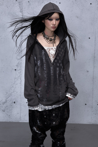 Lace Patchwork Loose Hooded Hoodie