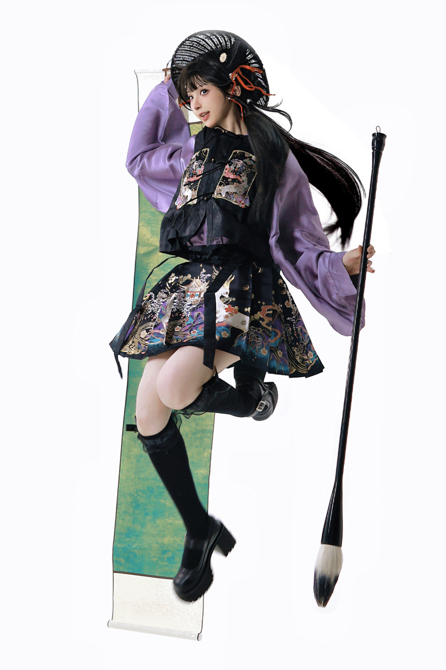 Dark Chinese-style Shirt + Vest + Skirt