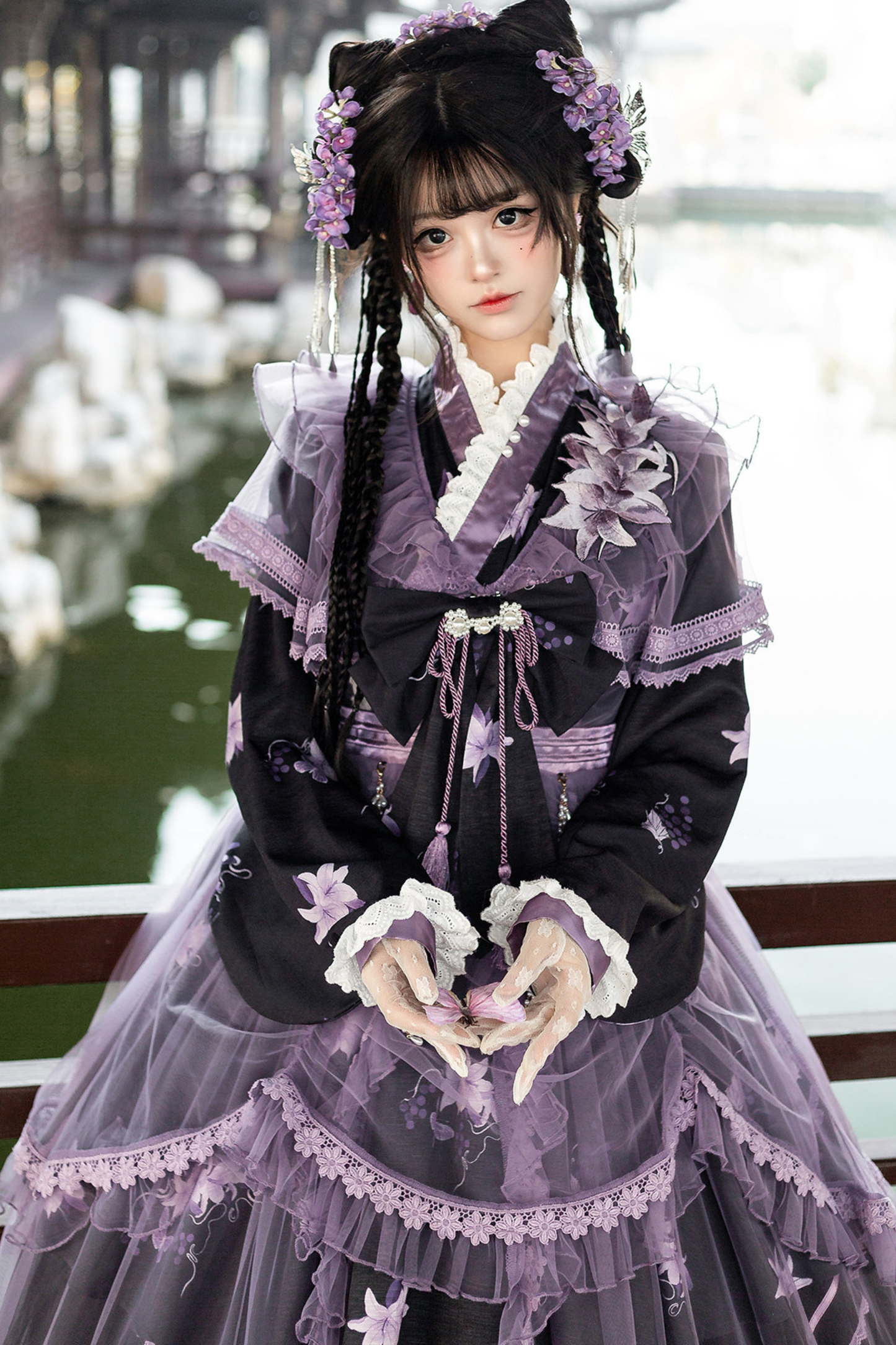 Chinese-style Purple Dress + Outer Dress + Long Skirt
