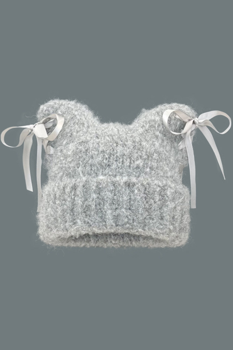 Plush Bow Ribbon Knit Hat